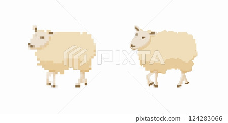 Two pixel sheep with light wool and simple features facing inward 124283066