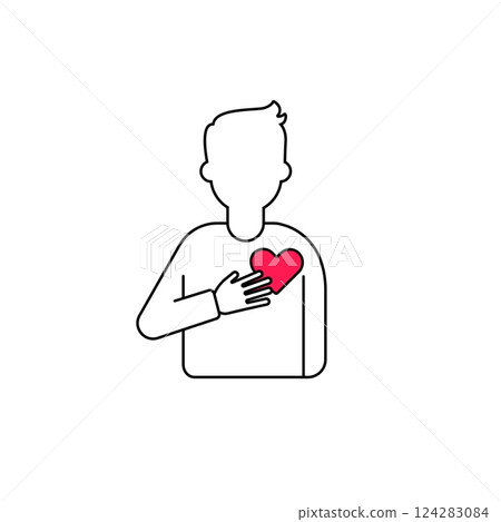 Simple line drawing of person with heart symbol: represents compassion and kindness 124283084