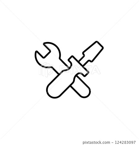 Simple black wrench and screwdriver icon design in modern minimalistic style for tools 124283097