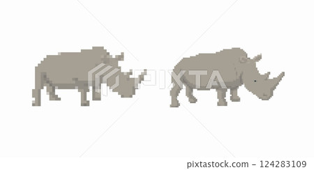 Pixel art rhinoceros illustrations showing two different views of the animal Pixel art rhinoceros illustrations showing two different views of the animal 124283109