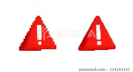 Two red warning triangles with exclamation marks indicating alert or caution symbol 124283141