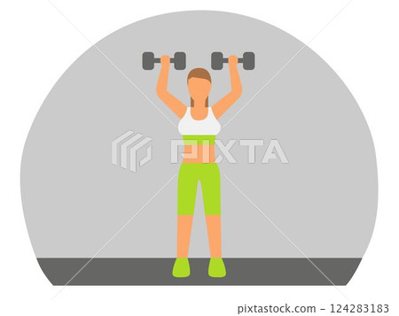 Fitness woman with dumbbells. Flat design vector illustration. 124283183