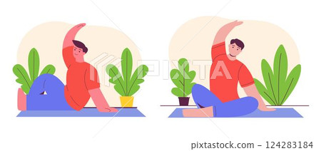 Young man practicing yoga, meditating. Vector illustration in flat cartoon style. 124283184