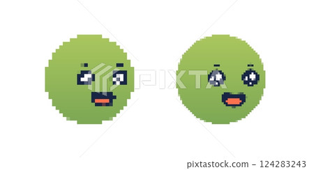 Pixelated green smiley faces with different expressions in simple graphic style Pixelated green smiley faces with different expressions in simple graphic style 124283243