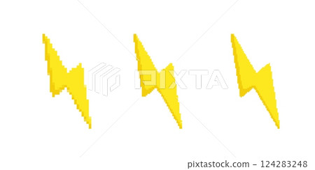 Pixelated yellow lightning bolts on white background, digital energy symbol with sharp angular design 124283248