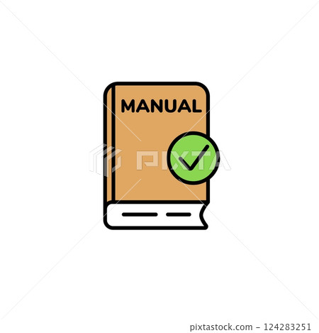 Instruction manual icon with a check mark symbol for approval Instruction manual icon with a check mark symbol for approval 124283251