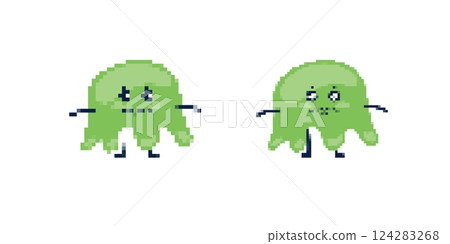 Two cute green aliens with smiling faces and small legs in cartoon pixel art style Two cute green aliens with smiling faces and small legs in cartoon pixel art style 124283268