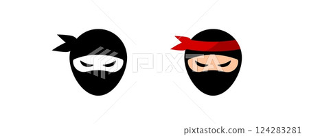 Cartoon ninja faces with masks in black and red displaying various emotions 124283281