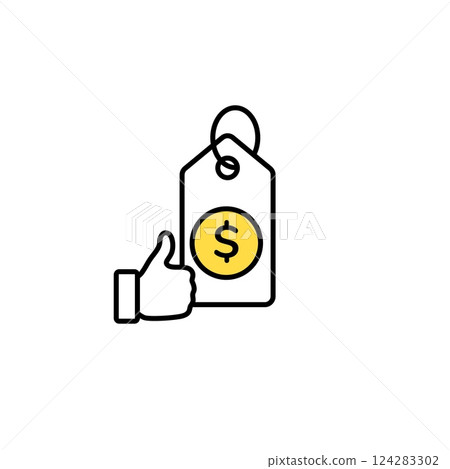 Thumbs up approving a price tag icon with a dollar symbol indicating value and satisfaction Thumbs up approving a price tag icon with a dollar symbol indicating value and satisfaction 124283302