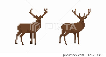 Pixel art deer pair with antlers standing in profile viewed from the side in simple style 124283343