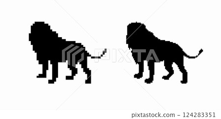 Silhouettes of two lions facing opposite directions with detailed mane and tail features 124283351