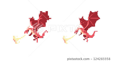 Pixel art of two red dragons breathing fire together in a unique minimalist style 124283358