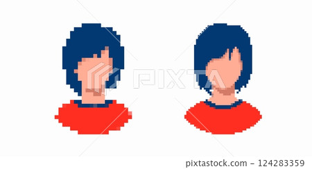 Pixel art character design featuring unique blue hair and red shirt in iconic 8bit style 124283359