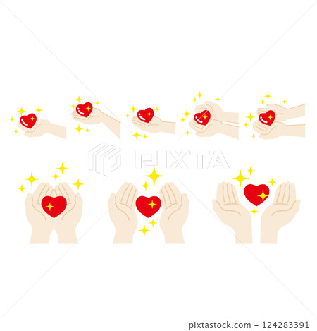 Set of glittering red hearts and hands Set of glittering red hearts and hands 124283391