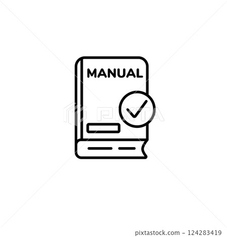 Instruction manual icon featuring book with check mark for clear guidance Instruction manual icon featuring book with check mark for clear guidance 124283419