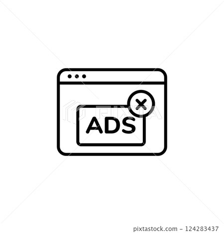Ad blocker icon showing web page with large crossed circle over word ads in simple black line Ad blocker icon showing web page with large crossed circle over word ads in simple black line 124283437