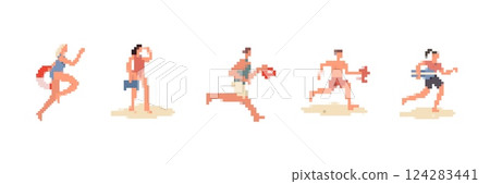 Pixel art people engaging in various physical activities against 124283441