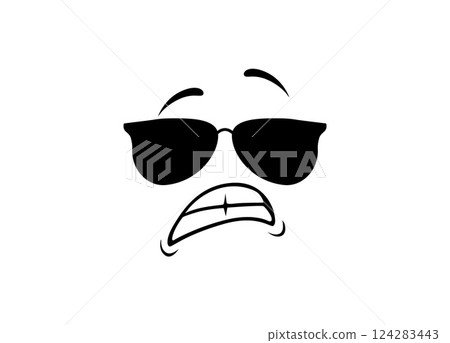 Cool expression cartoon face with sunglasses and curved mouth in black and white design Cool expression cartoon face with sunglasses and curved mouth in black and white design 124283443