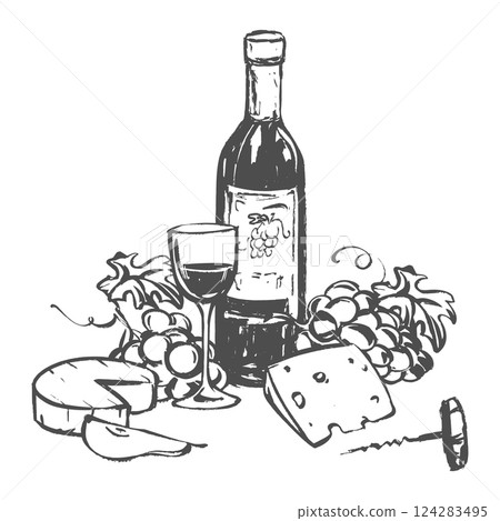Vector composition with wine, glass of wine and snack. Grapes, cheese and fruits in quick linear ink sketch style. Clip art for restaurant menu, wine list or invitation to tasting. 124283495