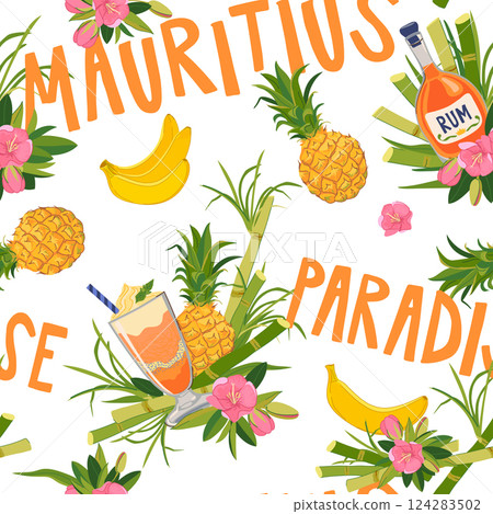 Vector seamless pattern. Background with elements of vacation on a tropical island. Composition with a bottle of rum, pineapple, banana and flowers. Illustration for beach bar design. 124283502