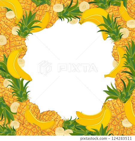 Tropical round frame with bananas and pineapples. Vector wreath with tropical fruits. Template for beach party with text place. Elements are not cropped, hidden under crop mask. Tropical round frame with bananas and pineapples. Vector wreath with tropical fruits. Template for beach party with text place. Elements are not cropped, hidden under crop mask. 124283511