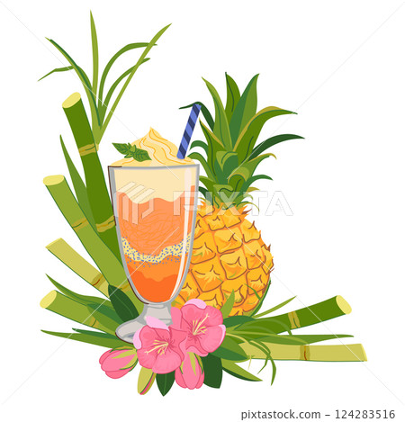 Vector composition with refreshing cocktail, pineapple and tropical flowers. Ice cream illustration for beach bar menu. Cruise vacation, summer holidays, party, cafe, vacation. 124283516