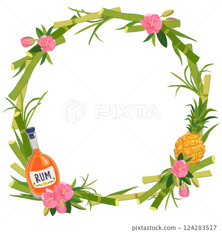 Vector round frame with bottle of rum, pineapple and flowers. Template with place for text for tropical vacation. Illustration for beach bar menu. Cruise vacation, summer holidays, party, cafe. Vector round frame with bottle of rum, pineapple and flowers. Template with place for text for tropical vacation. Illustration for beach bar menu. Cruise vacation, summer holidays, party, cafe. 124283517