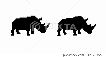 Silhouette of two rhinos facing each other with prominent horns and massive bodies Silhouette of two rhinos facing each other with prominent horns and massive bodies 124283553