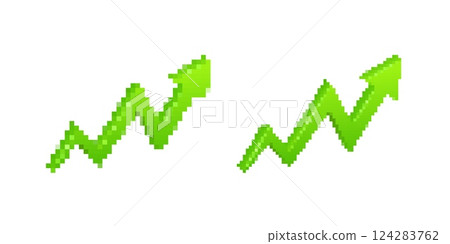 Two green pixelated arrows pointing upward indicating growth and positive trend in digital graphics 124283762