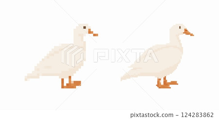Two pixel art ducks with white body and orange beak facing left and right 124283862