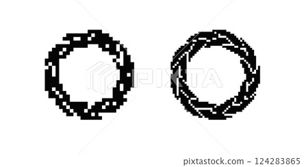 Pixelated circular designs with open centers and geometric arrangements in black and white Pixelated circular designs with open centers and geometric arrangements in black and white 124283865