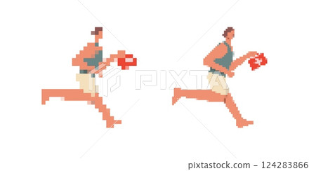 Pixel art style of two runners moving forward in a dynamic and energetic stance Pixel art style of two runners moving forward in a dynamic and energetic stance 124283866