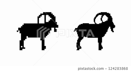 Silhouette of two goats with large curved horns in profile view Silhouette of two goats with large curved horns in profile view 124283868