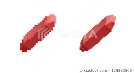 Two red capsules with pixelated look displayed in a simple arrangement 124283869