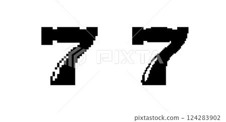 Bold number seven with elegant curved design lines in black and white, digital display style 124283902