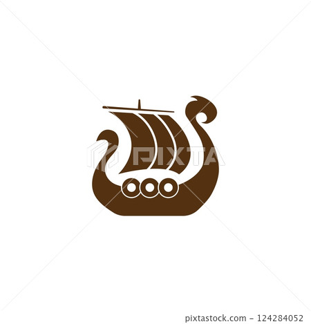 Viking ship icon with sail and dragon for Norse history. 124284052