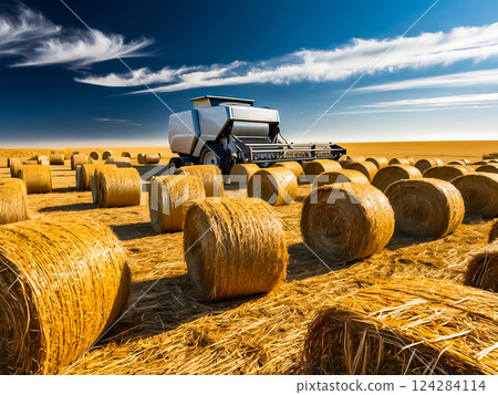 View of the round hay bales on the ground with the dual purposes agricultural machine in sunny day in summer season. 124284114