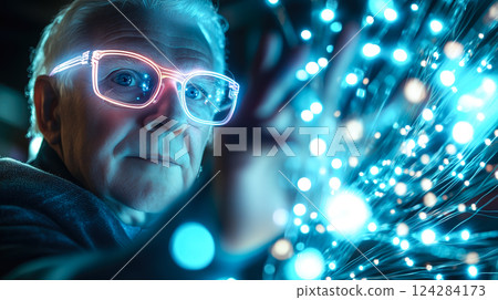 An old man interacts with a neural network display and the glowing connections of AI. The concept of technology, and the fusion of human intellect with advanced machine learning. Generative AI. 124284173