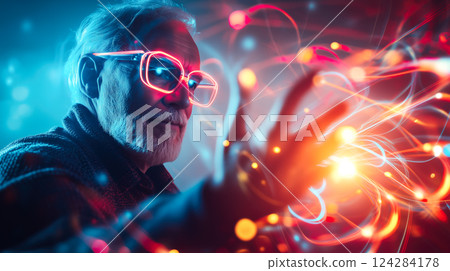 An old man interacts with a neural network display and the glowing connections of AI. The concept of technology, and the fusion of human intellect with advanced machine learning. Generative AI. An old man interacts with a neural network display and the glowing connections of AI. The concept of technology, and the fusion of human intellect with advanced machine learning. Generative AI. 124284178