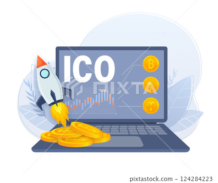 Initial coin offering, ICO Token production process vector illustration. Cryptocurrency trading desk, bitcoin futures, financial technology, blockchain ICO abstract metaphor. 124284223