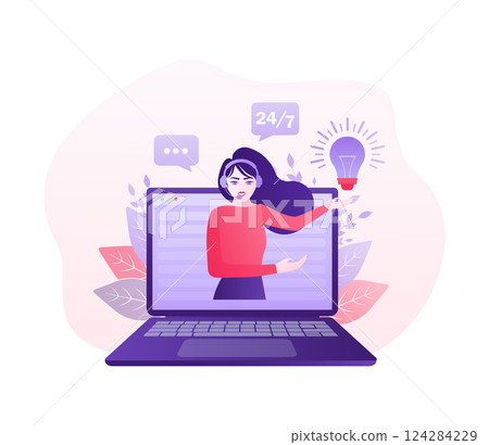 Telephone operator. Cartoon character. Support service icon. Online support call center. Customer service. Vector illustration, virtual business assistant. 124284229