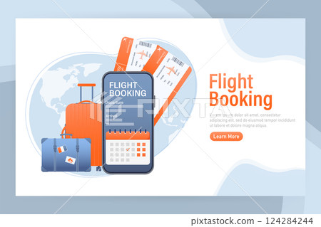 Flyer design for promotion design. Flight tickets online booking illustration landing page. Flat design vector illustration. Travel vector icon. Flyer design for promotion design. Flight tickets online booking illustration landing page. Flat design vector illustration. Travel vector icon. 124284244