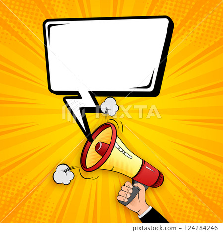 Pop style banner with megaphone on yellow background. Art collage banner. Vector background Pop style banner with megaphone on yellow background. Art collage banner. Vector background 124284246