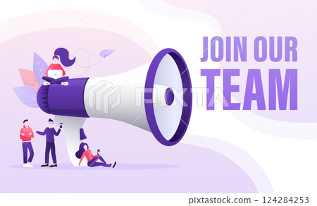 Join our team people, great design for any purposes. Flat join our team people for flyer design. Girl with megaphone. Vector illustration. 124284253