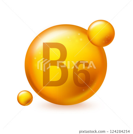 Vitamin B6 gold shining pill capcule icon. Pill capcule vector illustration on white isolated background 124284254