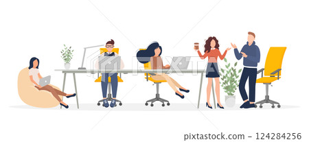 Coworking space illustration. Business people teamwork. Vector flat design. Business people office work. Remote work. Coworking space illustration. Business people teamwork. Vector flat design. Business people office work. Remote work. 124284256
