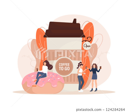 Flat illustration with coffee to go people. Cartoon people illustration. Characters with drink in paper cup. Shop, drink, coffee to go concept. Flat illustration with coffee to go people. Cartoon people illustration. Characters with drink in paper cup. Shop, drink, coffee to go concept. 124284264