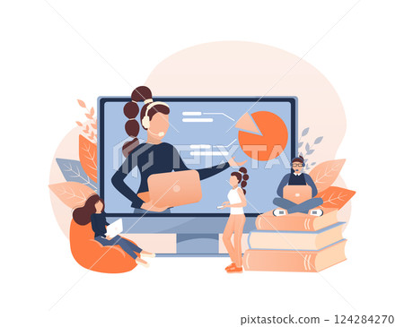 Cartoon online teaching for web design. Cartoon character. Web design. Character for web marketing design. Vector illustration. 124284270