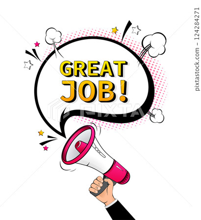 Megaphone, business concept with text GREAT JOB in pop style. Vector stock illustration 124284271