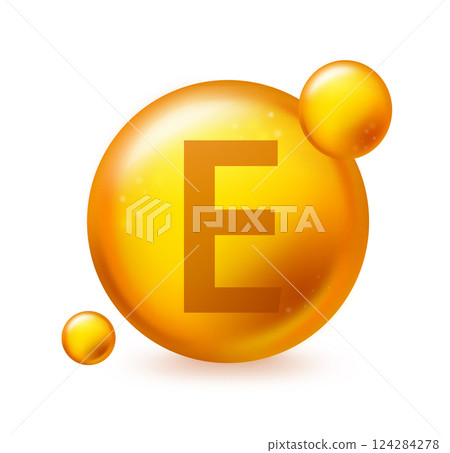 Vitamin E gold shining pill capcule icon. Pill capcule vector illustration on white isolated background Vitamin E gold shining pill capcule icon. Pill capcule vector illustration on white isolated background 124284278
